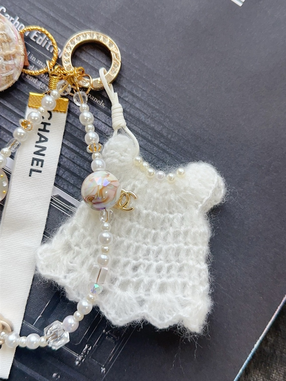 Authentic CC Ribbon With handmade Pearl, Beads & Tweed Camellia Dress Bag Charm - Picture 4 of 5